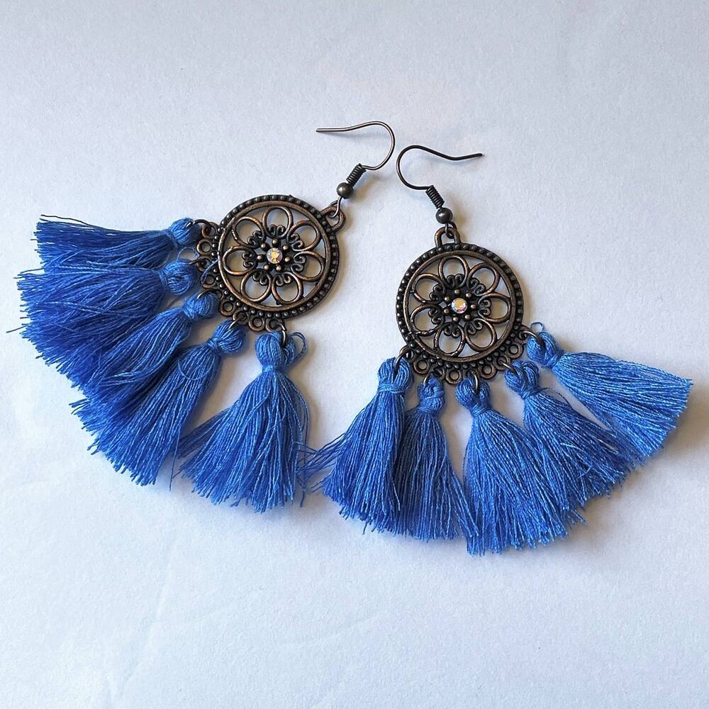 Aiba Boho Knotted Tassel Earrings - Blue & Bronze Tone